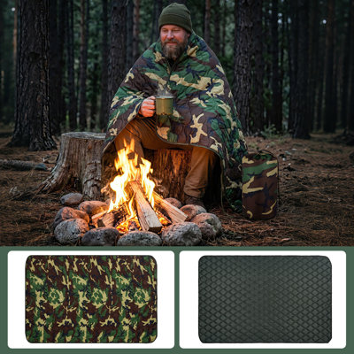 Couverture de voyage d'extérieur à imprimé camouflage, tapis de camping matelassé 78,7 po x 55,1 po, polyester 210T Rip-Stop et rembourrage synthétique 180g, jeté compacte avec boucles de fixation pour la randonnée