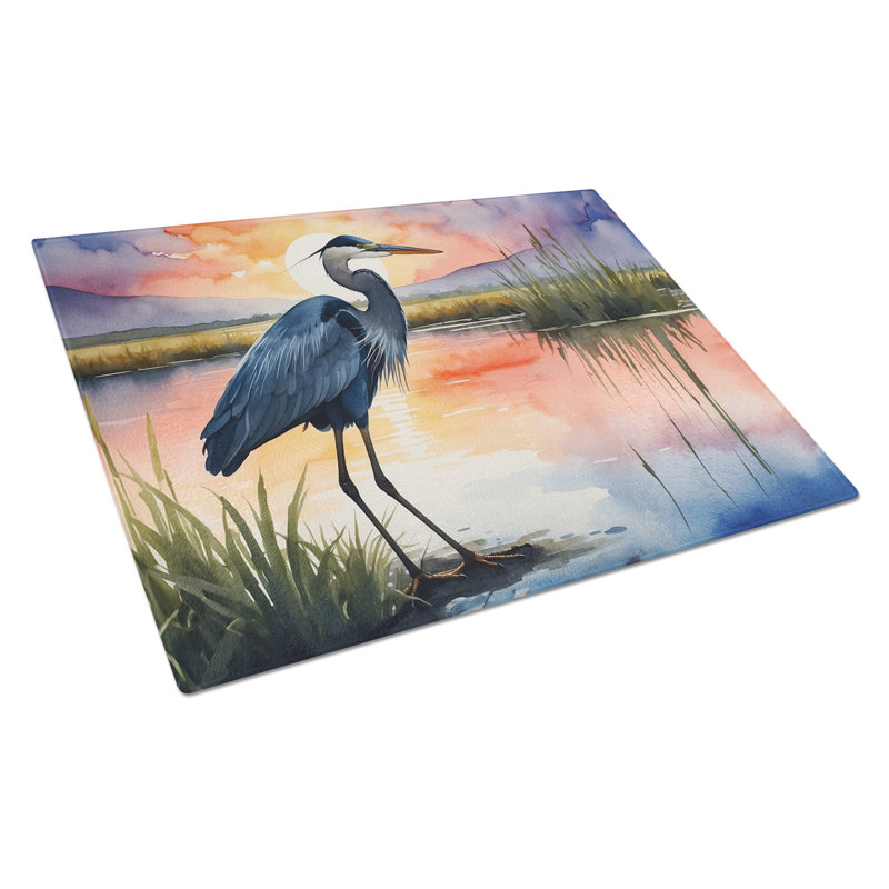 Blue Heron Setting Sun Glass Cutting Board