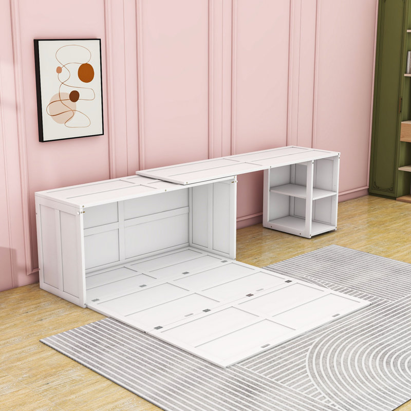 Grand lit escamotable en bois avec bureau rotatif et tablettes, Blanc