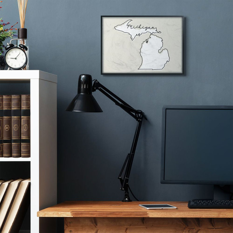 «Michigan Home State Map Neutral Design», impression sur toile, H 16 po x l 20 po x P 1,5 po, Giclée encadrée noir minuit