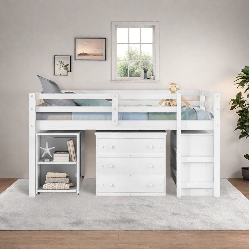 Anne 3 Drawer Low Loft Bed with Dresser, Desk and Shelves by Three Posts Baby & Kids, Twin, White