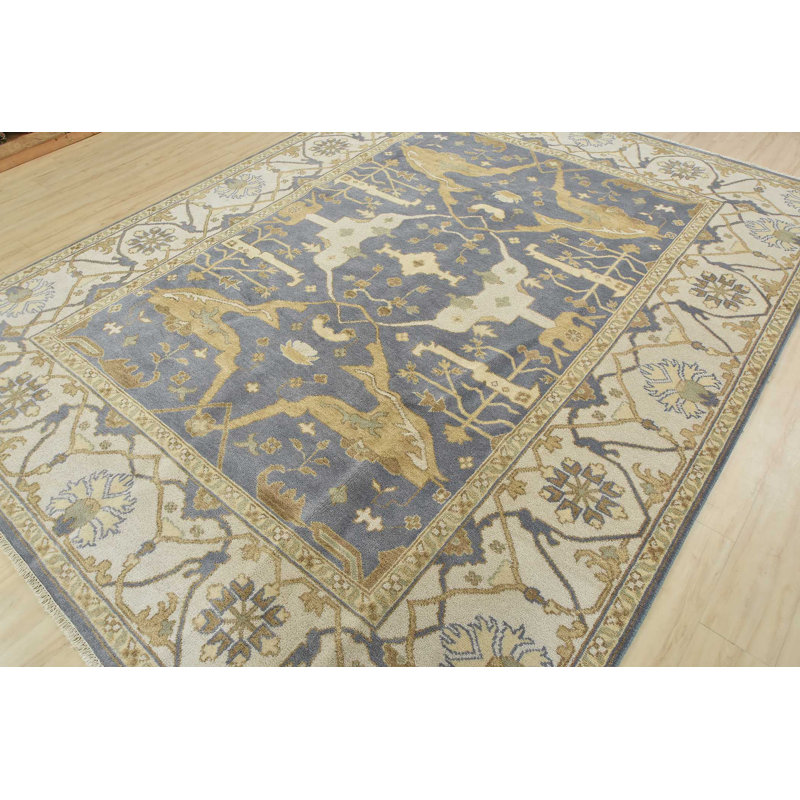 Tapis gris en laine noué à la main de conception unique 9 pi x 11 pi 11 po