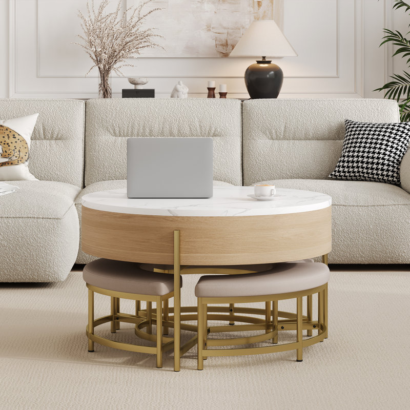 Table basse moderne à plateau relevable avec rangement et 3 repose-pieds blanc et naturel