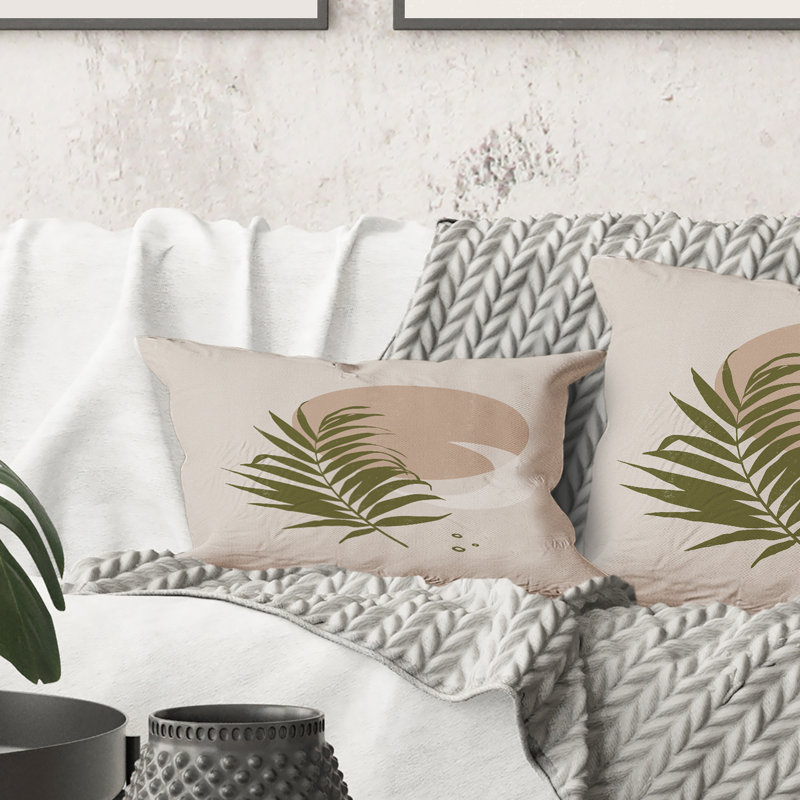 Rectangle, abstrait soleil et lune avec feuille verte II - coussin décoratif imprimé moderne