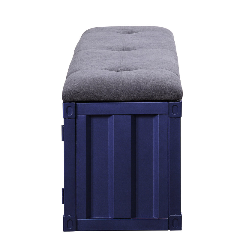 Banc en tissu gris et bleu avec portes en métal et rangement supplémentaire pour la chambre à coucher, Bleu