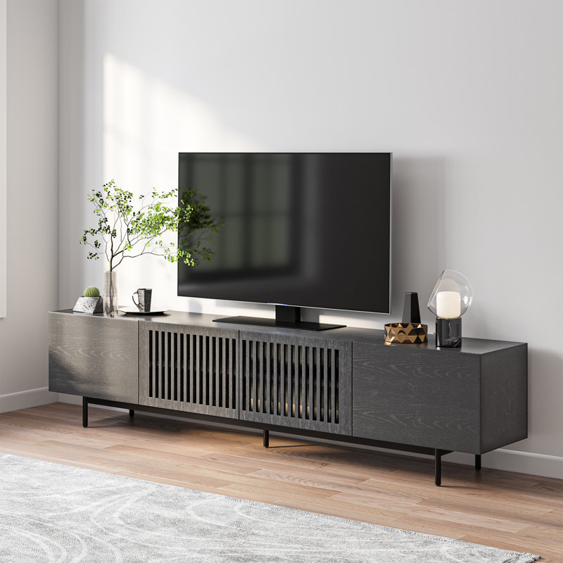 Meuble télé Mid-Century moderne pré-assemblé, H 21,25 po x L 94,49 po x l 15,75 po, Noir