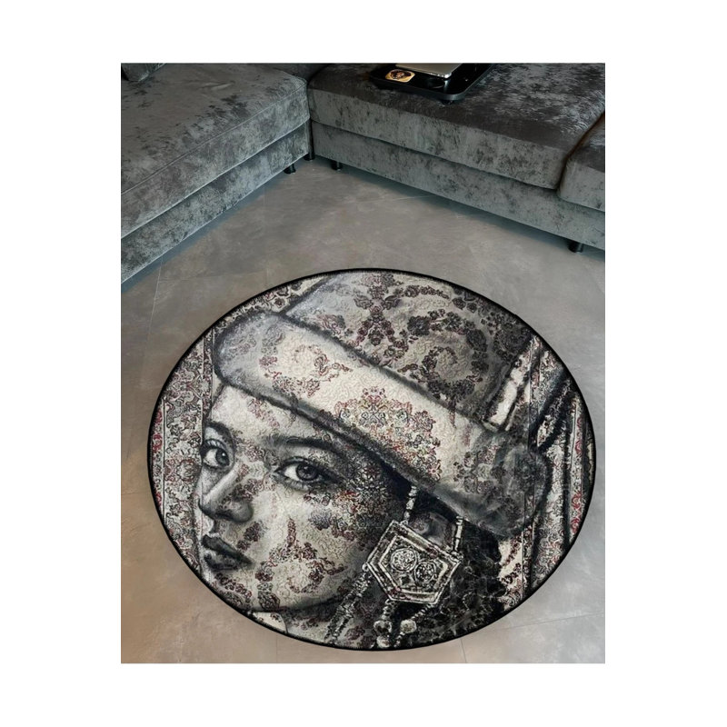 Black And Beige Ethnic Patterned Women's Face Woven Base Carpet, Round 5'