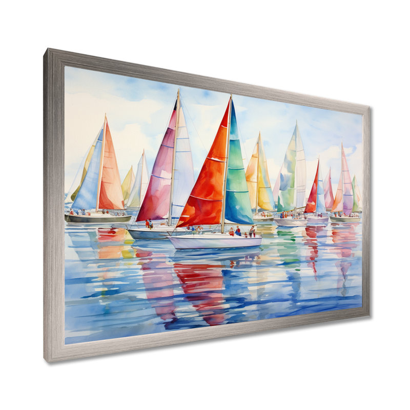 «Miminimlaism Watercolor Regatta III - Bateau à voile, art mural», H 30 po x l 40 po x P 1,5 po, Cadre simple argenté