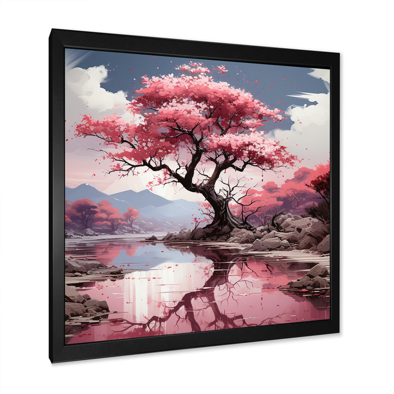 Cerisier rose en fleurs dans la rivière I - Art mural cerisier en fleurs, Noir, H 30 po x l 30 po