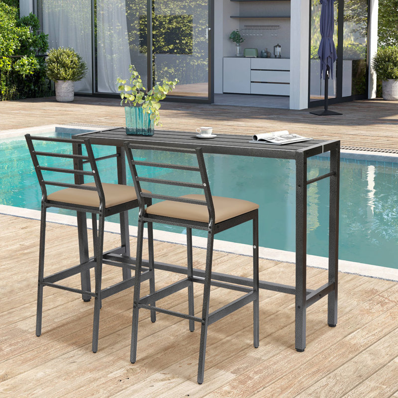 Outdoor Hdpe+Metal Frame 3-Piece Patio Bar Set, Outside Table With  2 Chairs For 2, With Cover