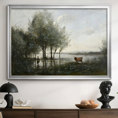 «Flooded Landscape with a Cow-Jean-Baptiste-Camille», toile tendue avec châssis Corot-c. Milieu du 19e siècle