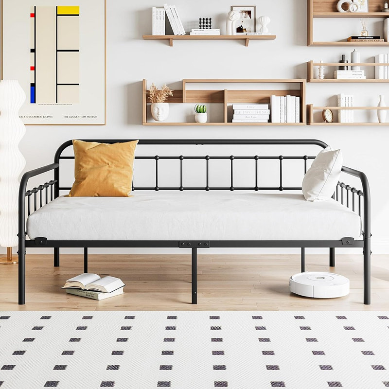 Black Twin Metal Daybed Frame, Heavy Duty Slat Platform For Sofa Bed Or Mattress Foundation, No Box Spring Needed