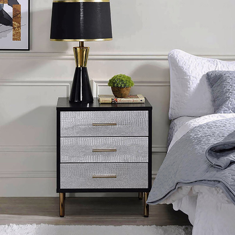 3-Drawer Bedroom Nightstand, With Metal Leg