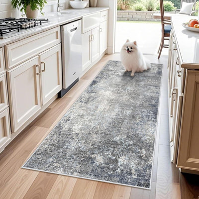 Washable Kitchen Rug - Non Slip Stain Resistant Low-Pile Thin Wide Carpet for Entryway Hallway Bathroom Bedside,Modern Neutral Abstract(Blue Grey)