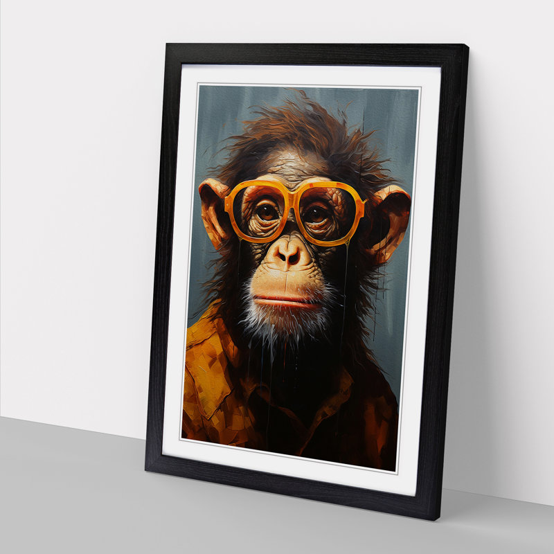 Monkey With Glasses No.2 - Single Picture Frame Print on Wood, 64cm H x 46cm W x 2cm D, Black