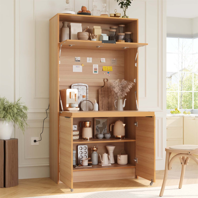 Garde-manger compact, buffet de 69 po de hauteur avec huche et poste de travail pliable, armoire de rangement multifonctionnelle avec tablette réglable et prise de courant pour la salle à manger et le salon
