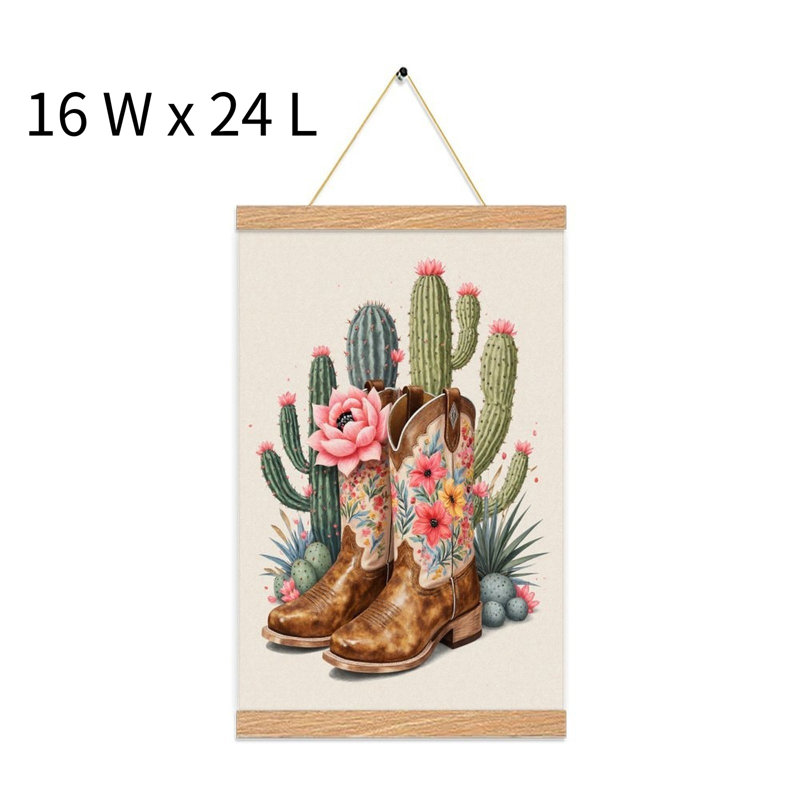 Bottes de cowboy florales avec cactus, art mural à volutes suspendues, cintre en bois intégré, l 16 x L 24