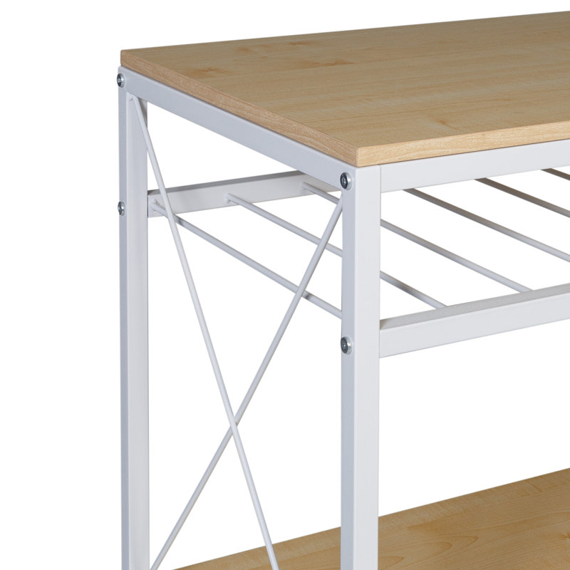 White and Oak Rolling Kitchen Cart with Wine Rack and Storage
