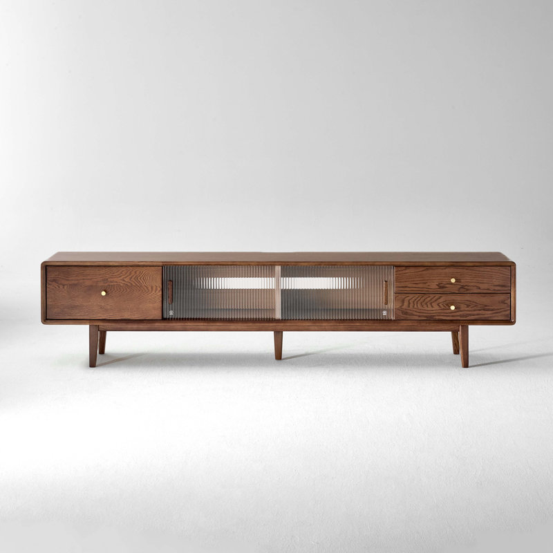Meuble télé en chêne massif 79 po avec portes en verre cannelé Fjord, H 17,72 po x L 78,74 po x l 13,78 po, Chêne brun