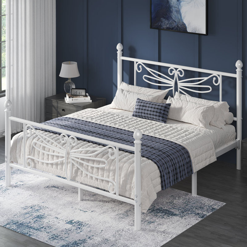 Full Elegant Metal Platform Bed with Dragonfly Headboard and Footboard, Sturdy and Stable Structure & Under-bed Storage, Easy Assembly, White