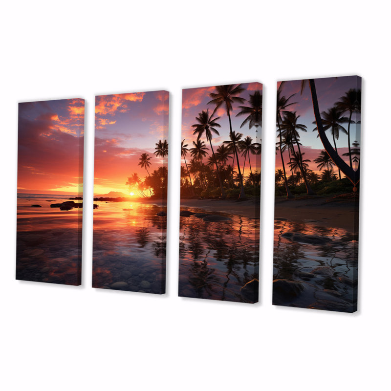 Hawaii Hawaiian Sunrise - Décoration murale nautique et plage - 4 panneaux