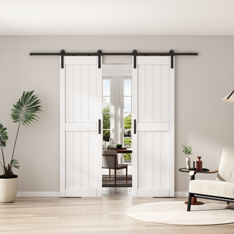 Porte de grange coulissante double en panneau de fibres à densité moyenne avec ensemble de quincaillerie, recouverte d'une surface en PVC imperméable, assemblée