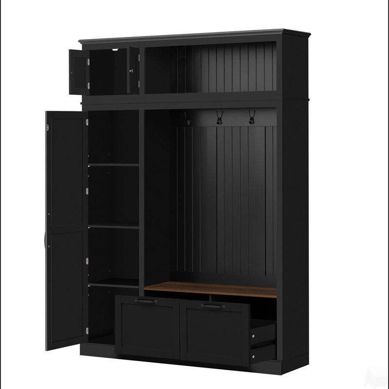 3-in-1 Hall Tree with Overhead Storage Cabinet, 3 Adjustable Side Shelves, 4 Heavy-Duty Hooks, 2 Spacious Drawers, Grooved Back Panel Design, Contrasting Seat Bench, Multifunctional Entryway Organizer