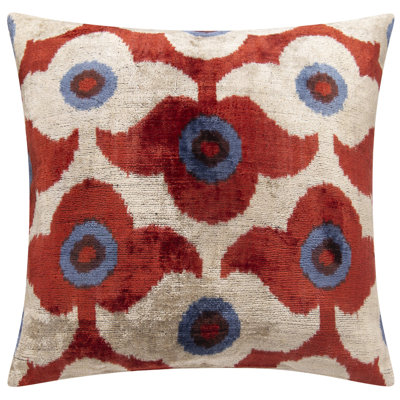 Luxury Silk Velvet Throw Pillow - Rust Red, Blue, And Ivory Floral Design, 16X16