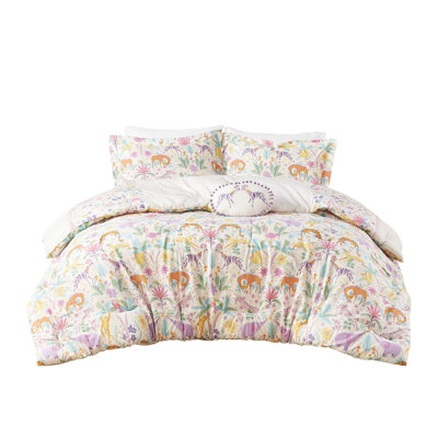 Purple Floral Reversible Full/Queen Cotton Comforter With 4 Pieces And Throw Pillow - Colorful Border, , Machine Washable Piece , Washable, Border Design
