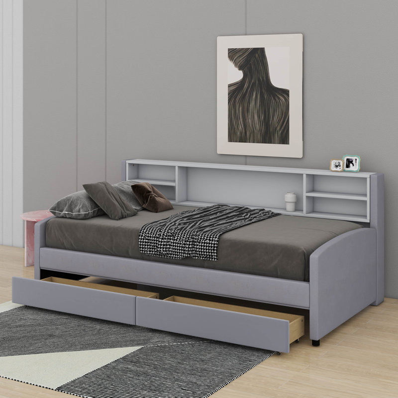 Twin Upholstered Platform Bed With Drawers, Grey