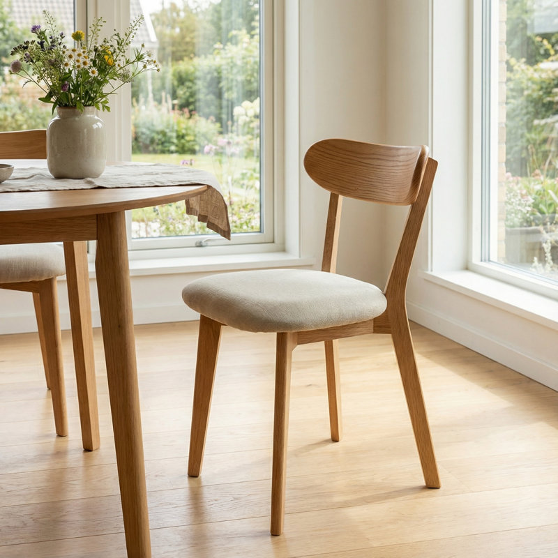 Solid Oak Upholstered Dining Chairs, Comfortable Curved Back Farmhouse Chairs With Removable Cushion Covers, White