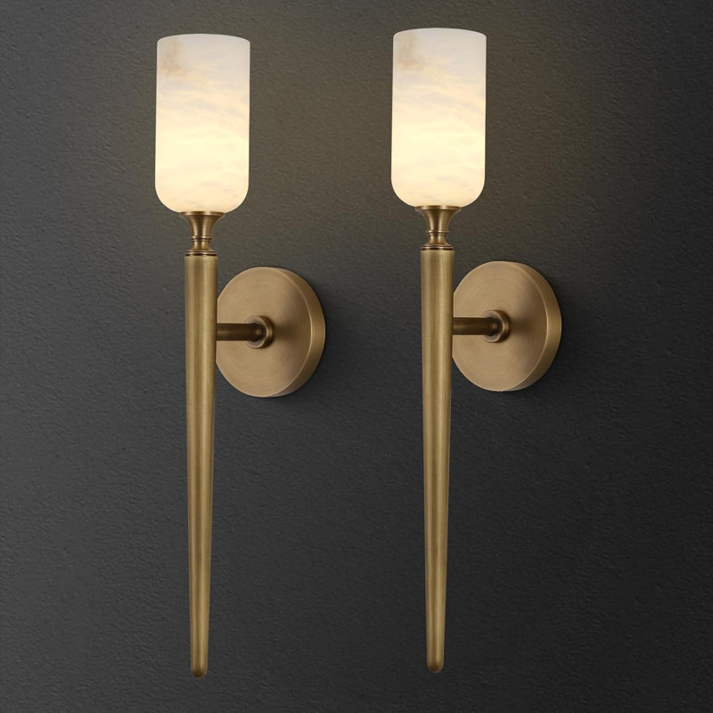 2 - Light Armed Alabaster Wall Sconce Light With Alabaster Shade (Set of 2)