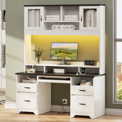  Bureau d'ordinateur 59 po avec rehausse avec prise de courant 59 po, bureau avec support pour moniteur et éclairage DEL