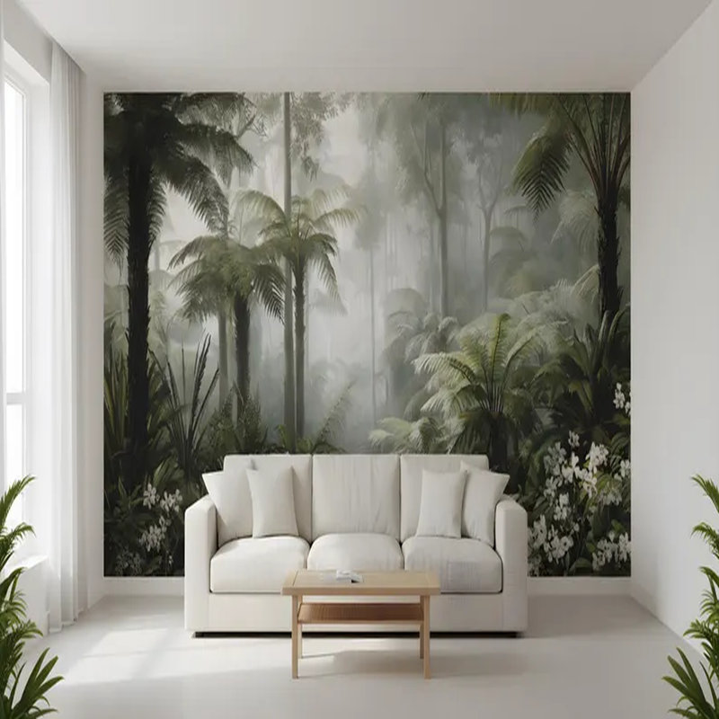 Murale forêt de fougères tropicales brumeuses, L 192 po x l 108 po