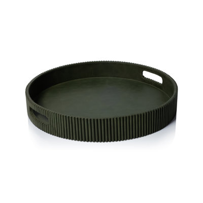 Plateau rond en cuir vert cannelé