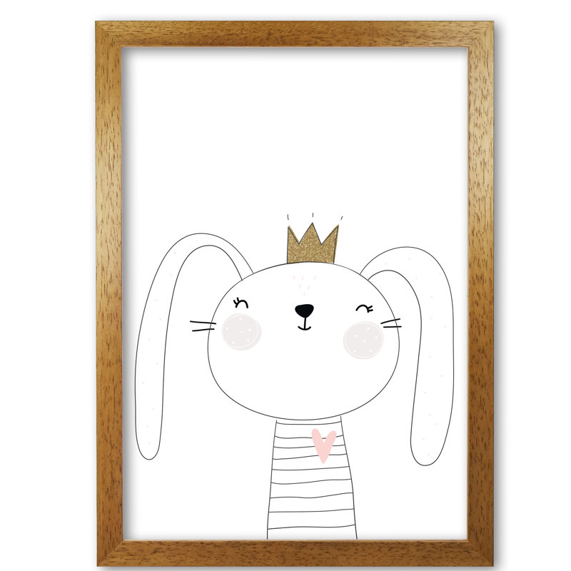 Scandi Cute Bunny With Crown - Painting, 60 cm H x 42 cm W x 5 cm D, Honey Oak Frame