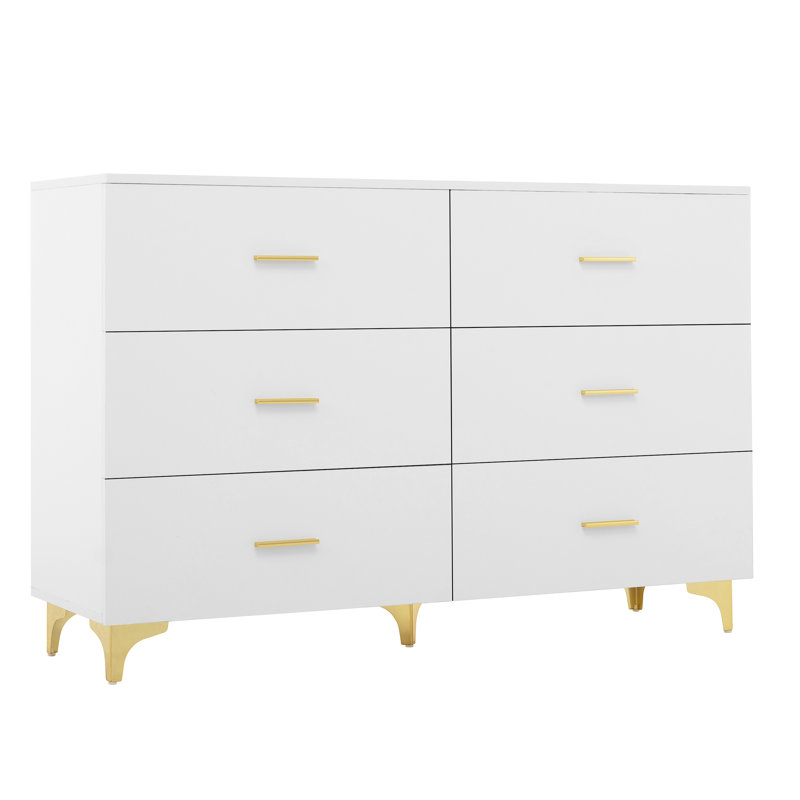 Commode 6 tiroirs blanche avec poignées dorées et pieds en métal