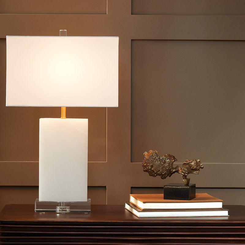 Alabaster Cube Table Lamp with Linen Shade and Brass Details