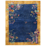 Hand Knotted Pile 1920s Antique Floral Wool Blue Rectangle Rug