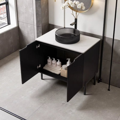 Meuble-lavabo autoportant de 30 po avec lavabo en verre transparent noir et comptoir en pierre frittée blanc de Carrare, armoire de rangement moderne noire avec 2 portes à fermeture douce, sans robinet