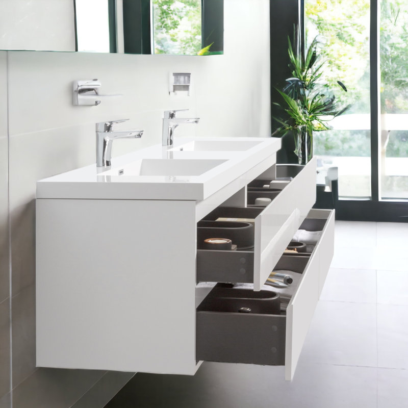 Carol-Ann 71" Fully Assembled Wall Mounted Double Bathroom Vanity with Stone Resin Vanity Top, Glossy White