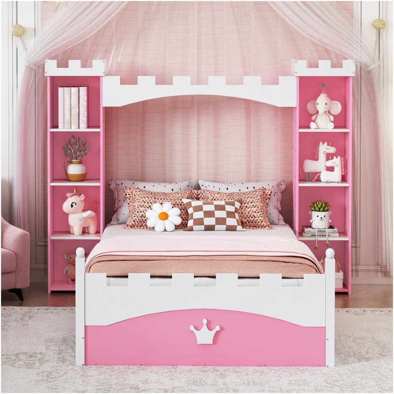Lit en bois en forme de château avec tablette de rangement, lit plateforme simple Dreamy pour chambre d'enfant,, Pink/White