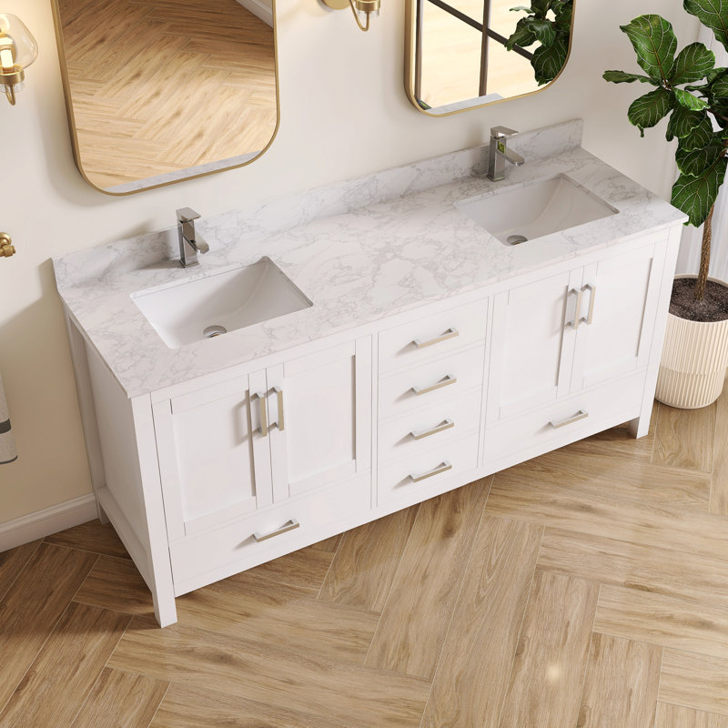 Aura  Fully Assembled Double Bathroom Vanity with Top, Modern Freestanding Vanity Cabinet with White Granite Top and Backsplash