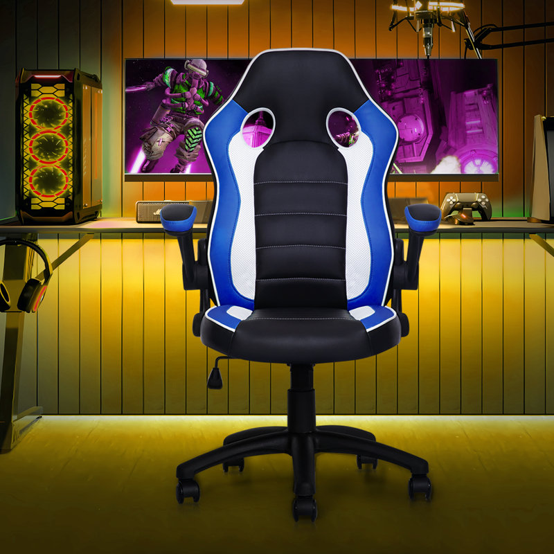 Faux Leather Chair with Floor Protector Mat Set, PU Computer Gaming Racer Seat with Flip-Up Handrail, Black/White/Blue
