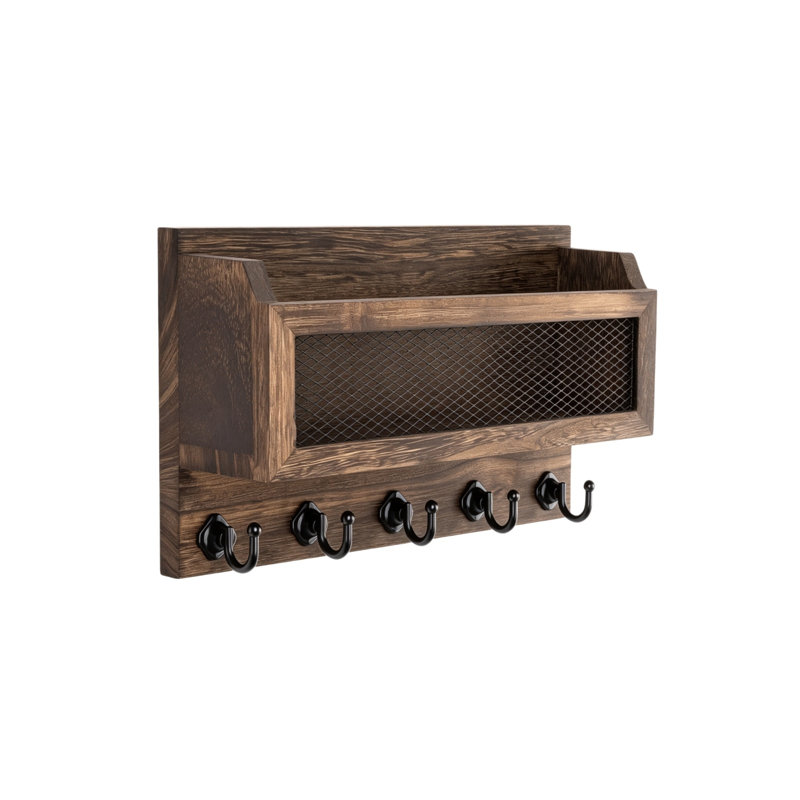 Wall Mount Storage Shelf, Wooden Wall Key Organizer with 5 Key Hooks Brown for Entryway