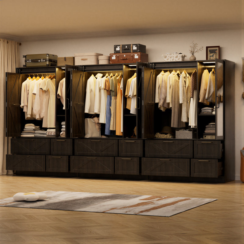 Armoire penderie avec porte de grange coulissante pliante et lumières à capteur (brun, 9 portes), 73" H x 142" W x 20" D