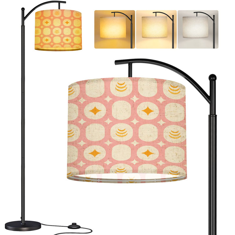  Lampe sur pied arc à motif géométrique rétro rose et jaune sur pied avec abat-jour réglable en lin 3 températures