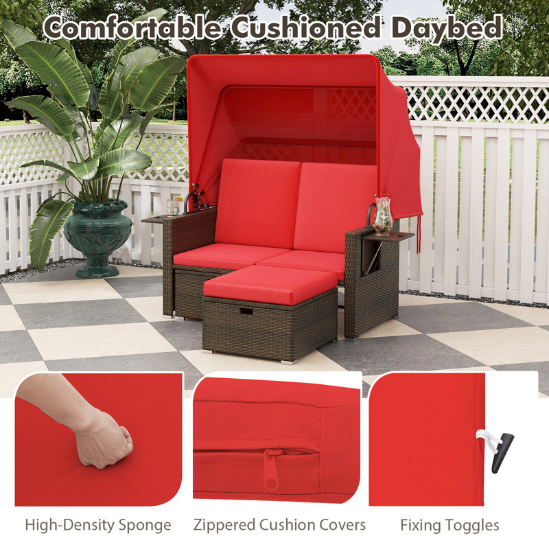 Rattan Daybed w/ Adjustable Backrests & Retractable Canopy for Patio, Red
