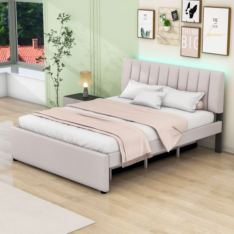 Lit plateforme tapissier avec panneau de particules et gigogne, Beige, Grand