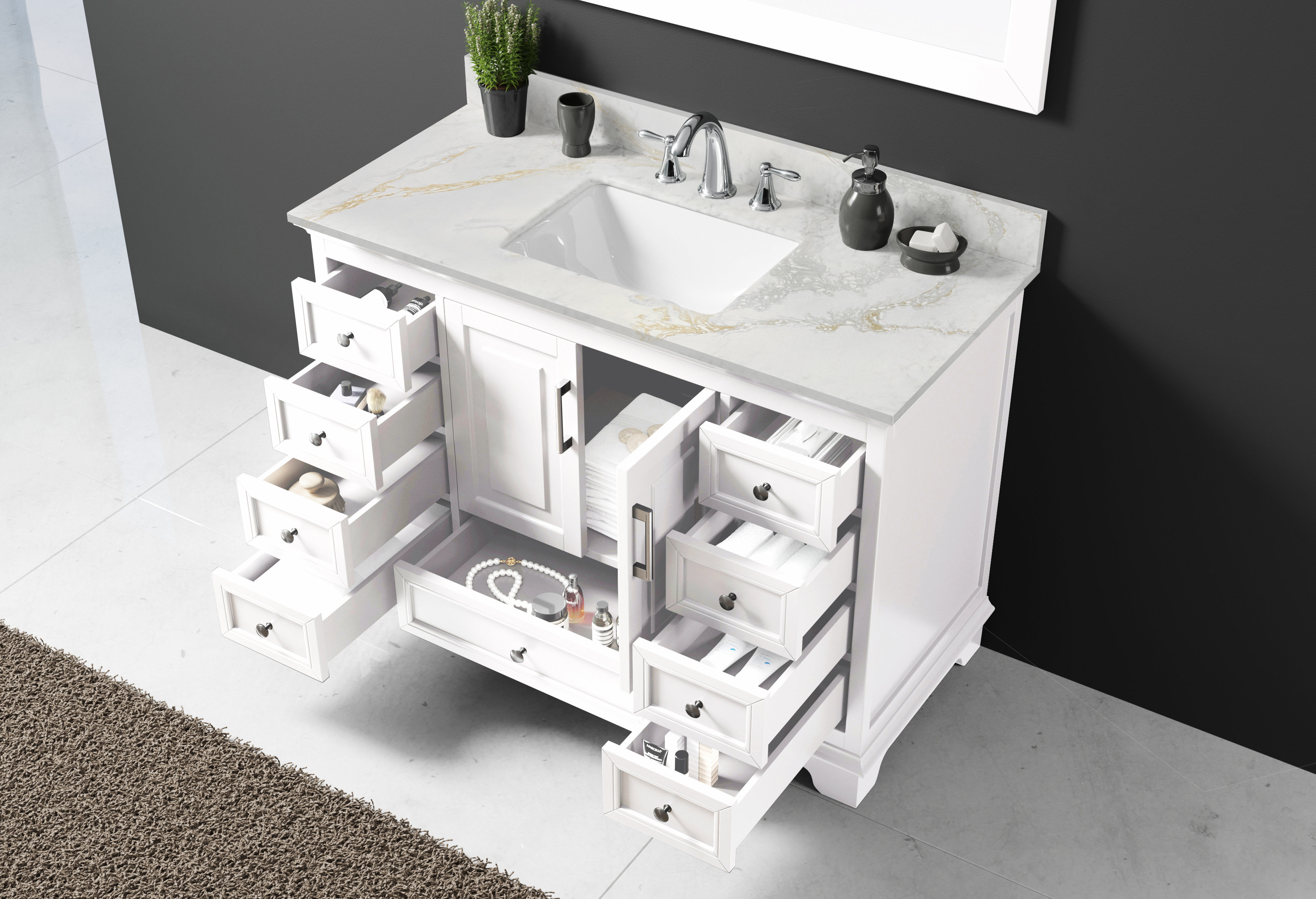 Lark Manor Cledith 48 Inch Bath Vanity in White with Grey Veins Quartz ...